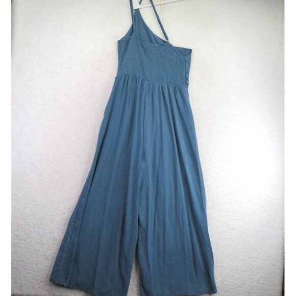 ANRABESS Romper Womens Small Blue One Shoulder Linen Blend Smocked Pleated New - Picture 3 of 11